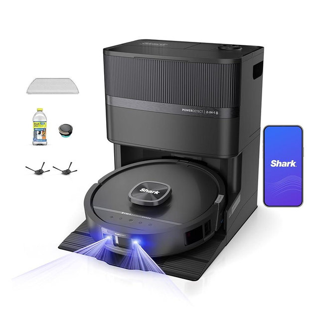 Shark PowerDetect UV Reveal | 2-in-1 Robot Vacuum & Mop for Carpets & Hard Floors | Powerful Suction for Pet Hair | Self-Clean, Self-Empty, Heated Mop Wash & Dry | UV Stain Detect | Black | RV3020XE