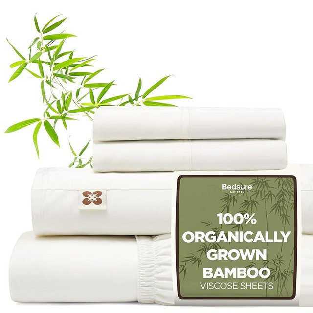 Bedsure 100% Organically Grown Bamboo Viscose Sheets - 18 Inches Deep Pocket Sheets with Elastic Corner, King Size Sheets Set, Ultra-Soft, Silky & Cooling Bedsheets, Oeko-Tex, 4 Pieces, Ivory