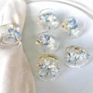 Handmade Napkin Rings Set with Flowers Blue Hydrangea – Elegant Table Decor for Weddings, Family Celebrations, Anniversary Dinners