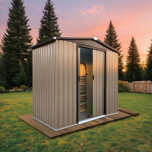 6 x 4 FT Outdoor Storage Shed, Metal Garden Tool Shed with Slooping Roof, Lockable Doors and Aluminum Frames, Easy to Assemble for Garden, Patio, Lawn, Brown