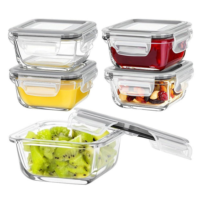 Vtopmart 5Pack 5oz Small Glass Storage Containers with Lids, Glass Meal Prep Food and Sauce Container Sets with Snap Airtight Lids for Microwave, Oven, Freezer and Dishwasher, Grey