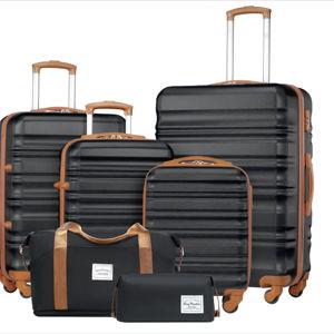 LONG VACATION 6 Piece Luggage Set Carry on Suitcase with ABS+PC hardshell, Spinner Wheels & YKK Zipper TSA Lock (BLACK-BROWN, 6 piece set)