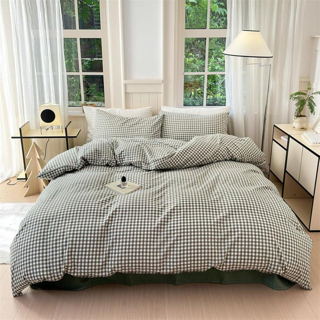 Mucalis Green Gingham Duvet Cover Queen 100% Washed Cotton Checked Duvet Cover Set Modern Plaid 3 Piece Grid Bedding Set with Zipper Closure Corner Ties,Durable,Breathable,Easy Care