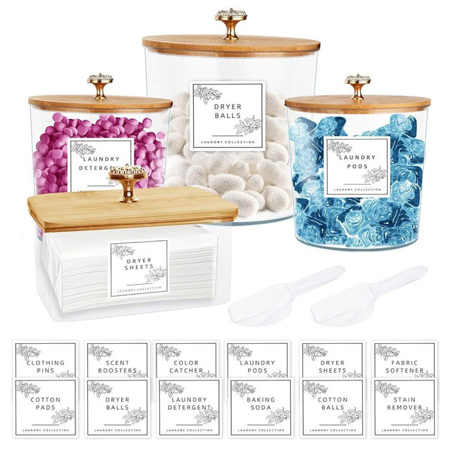 ASMALAM 4 Pack Laundry Room Organization Storage Containers Acrylic Jars and Dryer Sheet Holder with Lids and Labels for Laundry Detergent Laundry Pods Containers Dry Sheet Organizing