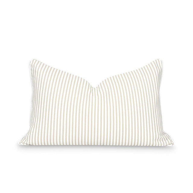 Hofdeco Premium Fall Coastal Patio Indoor Outdoor Lumbar Pillow Cover Only, 12"x20" Water Repellent for Backyard, Couch, Neutral Tan Stripe
