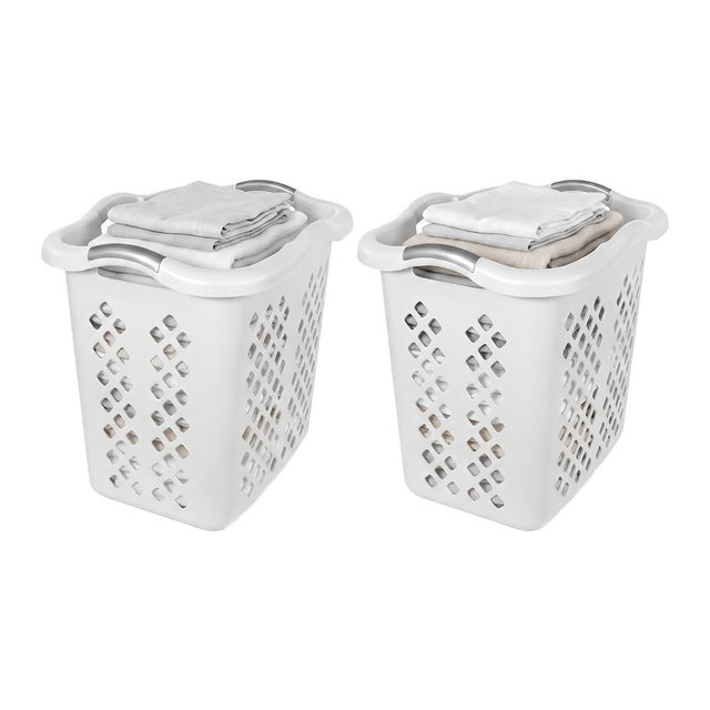 2 Bushel Laundry Basket 71L with Silver Handles White Wide Base Hamper | Sturdy Plastic Build,Large Capacity,Easy-Grip Silver Handles,Breathable Diamond Design,Wide Stable Base for Bedroom Dorm