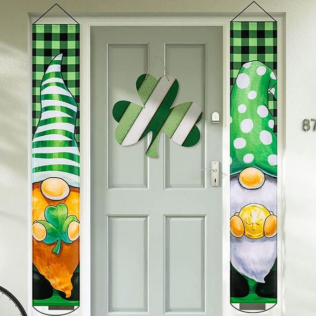 ESTTOP St Patricks Day Porch Sign, Welcome St Pat's Hanging Banner Indoor Outdoor Happy ST Patricks Day Decorations, Green Buffalo Plaid Check Gnome Hanging Flags Wall Decor, Party Supplies for Front Door