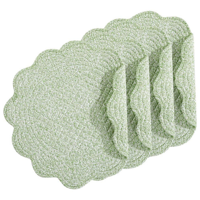 HOMBYS Quilted Placemats Set of 4 Washable Round Placemats for Kitchen Table-100% Cotton Fabric 14 Inch Round Table Mat-White with Green Pattern