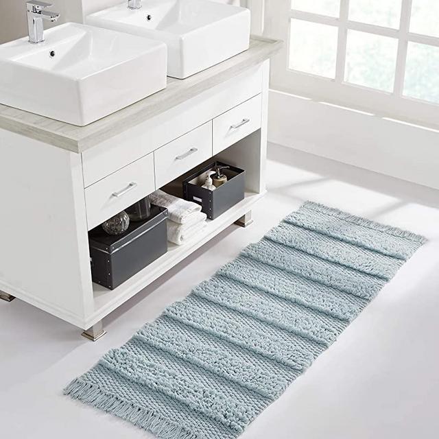 VCNY Home Savannah Collection Bath Rug Runner-Boho Fringe Striped Design-for Bathroom, Hallway, or Kitchen Use, 24" x 60", Blue