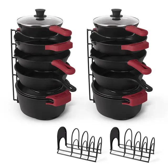 Cuisinel Pots & Pans Organizer - 15" Heavy Duty Skillet Rack, 2-Pack, Storage for Cookie Sheets, Cast Iron Cookware, Dish & Lid Stand.