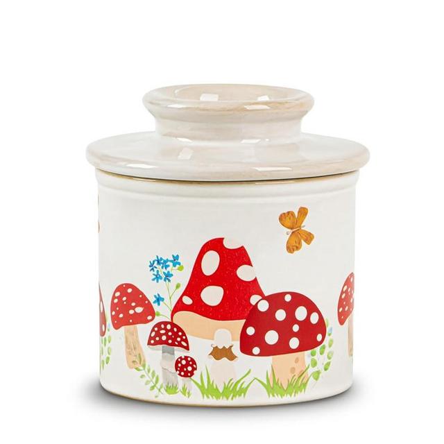 Mushroom Butter Crock For Counter With Water Line French Butter Holder Ceramic Butter Keeper Butterfly Mushroom Jungle Decor Anti-Slip Design