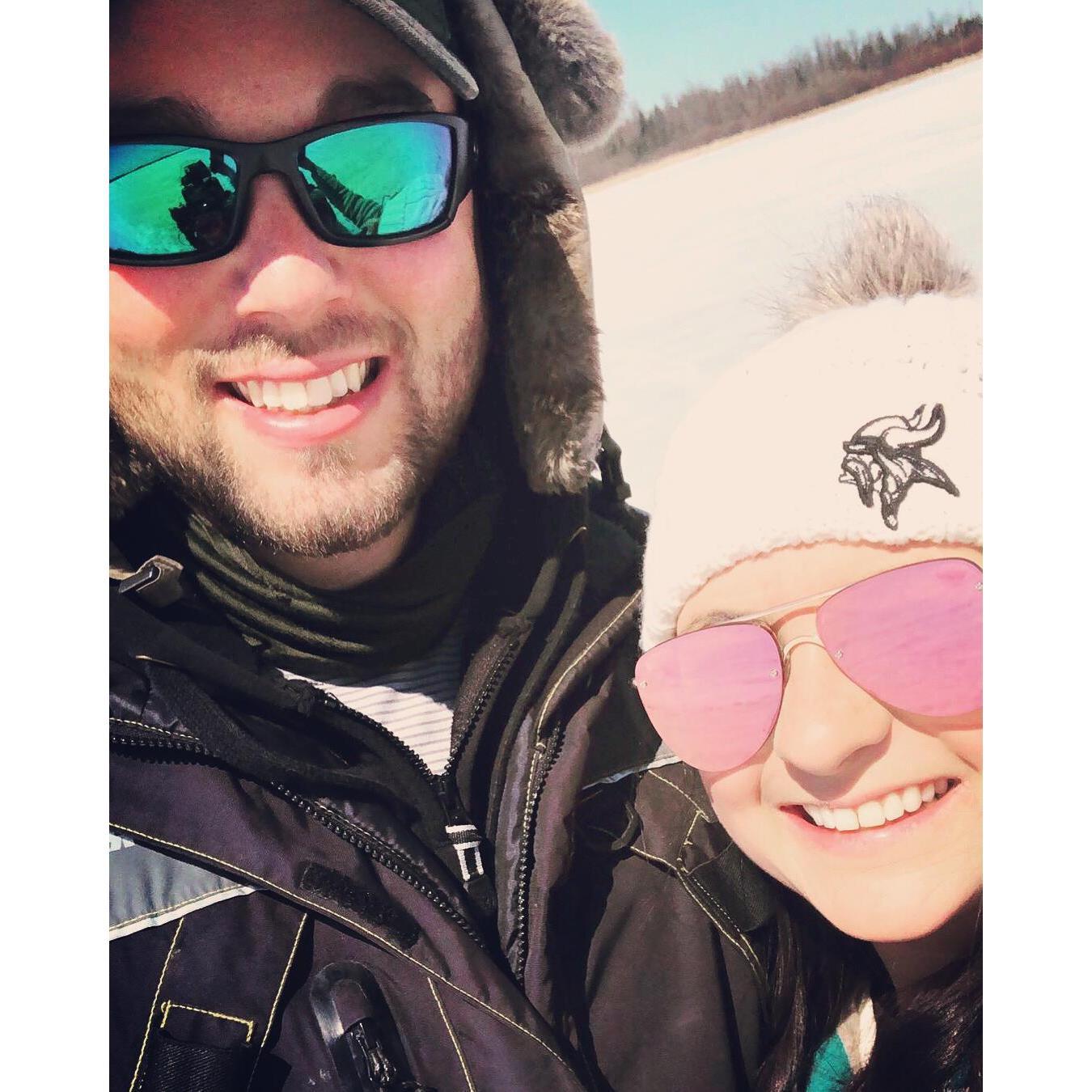 Bethany's first time ice fishing on Boy Lake with Elliot.