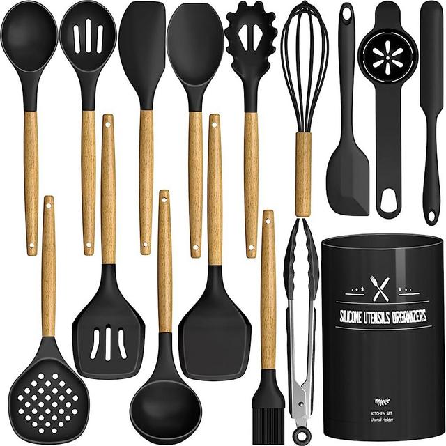 Kitchen Utensils Set, AIKKIL16 Pcs Cooking Utensils Set with Holder, Heat Resistance, Black Wooden Handle Silicone Kitchen Gadgets Utensil Set for Nonstick Cookware