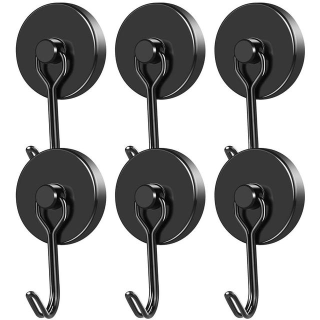 MIKEDE Magnetic Hooks, 110LB Heavy Duty Neodymium Black Magnet Hooks, Strong Swivel Magnetic Hooks Rust Proof for Indoor Outdoor Hangers Hanging, Fridge, Garage, Cruise, 6 Pack