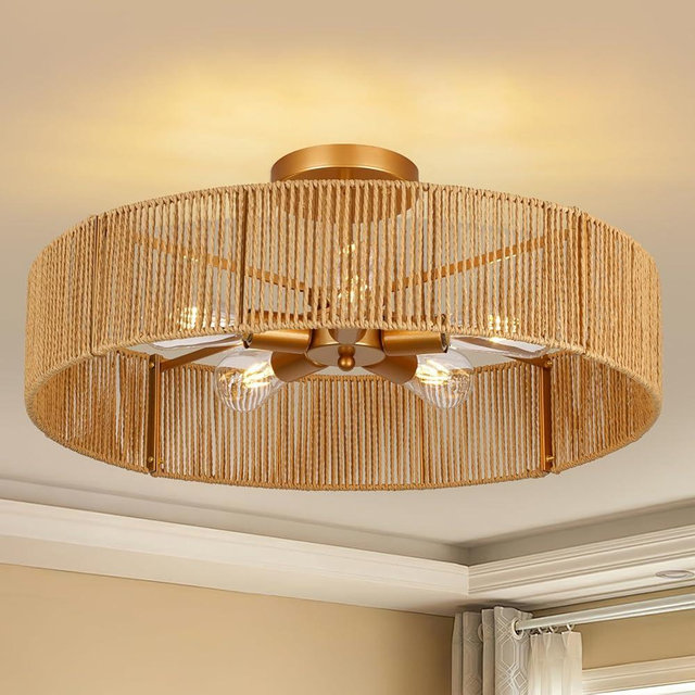 CLARSYNE 24" Natural Rattan Flush Mount Ceiling Light Fixture, 5-Light Gold Hand-Woven Wicker Boho Chandelier for Bedroom, Living Room, Dining Room, Kitchen, Rustic Lamp for Hallway and Entryway