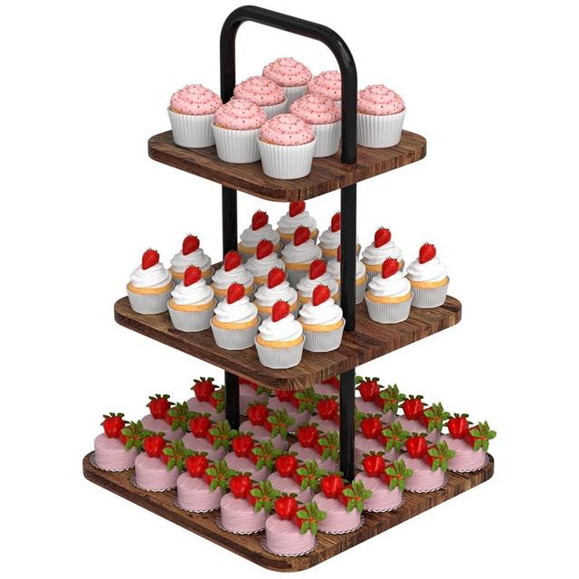VyGrow Cupcake Stand, 3-Tier Dessert Stand for 50 Cupcakes, Wood & Metal Tower Display Premium Holder Dessert Tree Tower for Christmas Birthday Weddings Party Decor, Serving Tray, Wood Brown