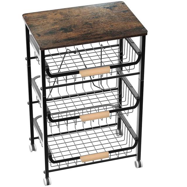 NiuYichee 4-Layer Fruit Basket Kitchen Food Storage Organizer and Storage Rack, Stackable Storage cart with Desktop, Pull-Out Hollow Metal Storage Basket, liding Out Storage (Black 4-Layer Rack)