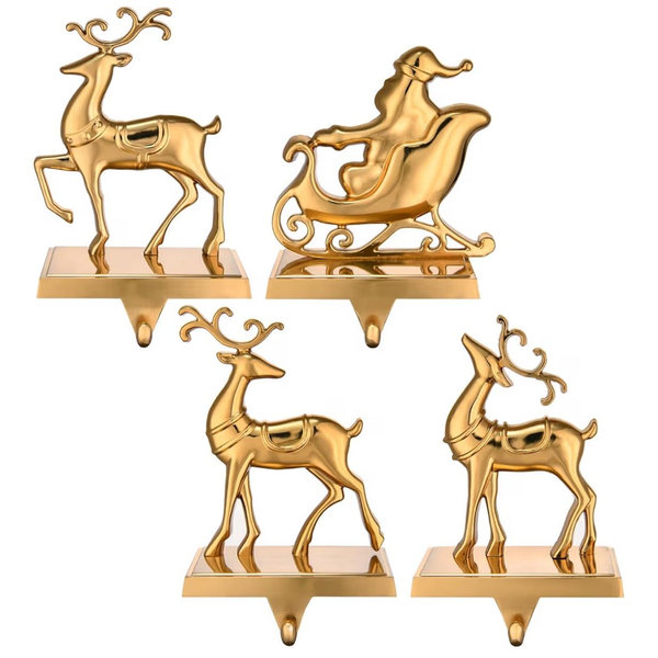 Antique Gold Reindeer & Sleigh Stocking Holder Set for Mantle Set of 4,Deer Stocking Hangers for Firepiece,Christmas Decorations Mantel Hanger for Stocking/Garland (Retro Gold)