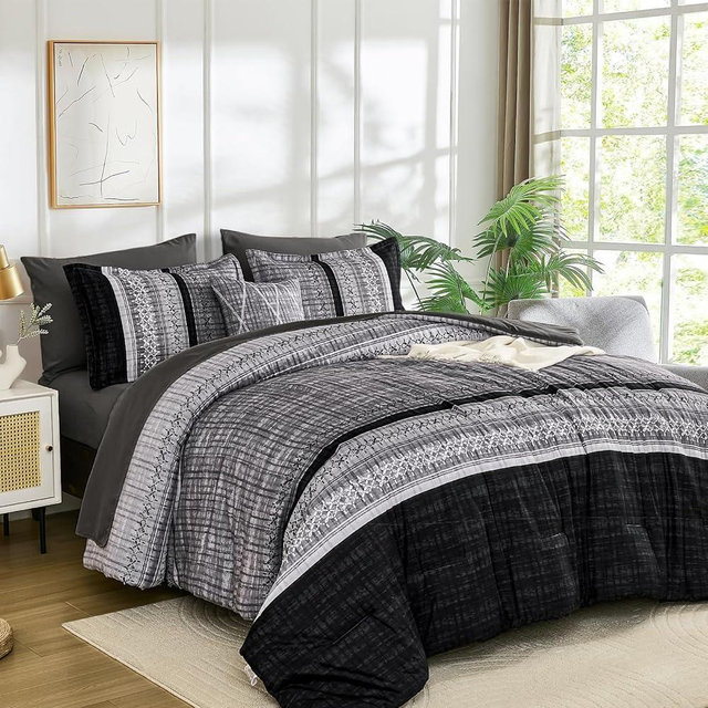 Dintszyayue Black Comforter Set Cal King Size, 8 Pieces Boho Striped Bed in a Bag Soft Microfiber Bedding Set for All Season