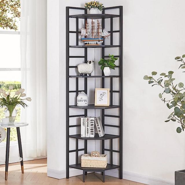 HOMISSUE 6 Tier Industrial Corner Shelf Unit, 76.9” Tall Corner Bookcase Storage Display Organizer Storage Stand for Home Office, Black