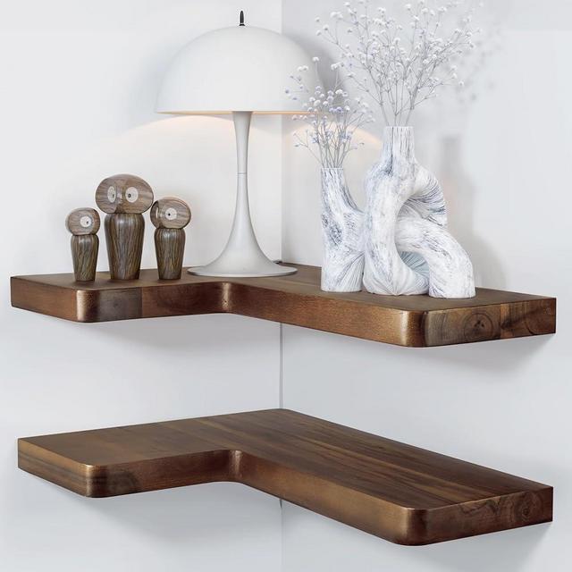BATODA Acacia Wood Corner Floating Shelf 17” x 12”- Corner Shelf Wall Mounted - Floating Book Shelves for Wall - Corner Shelf for Home, Kitchen - with Brackets and Hardware (Walnut Color, 17" x 12")