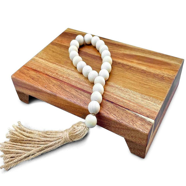 Lyfe Simple Natural Acacia Wood Pedestal Stand | Wood Riser with Decorative Beads | Kitchen Counter Decor | Soap Tray for Kitchen Sink | Bathroom Tray | Tabletop Wooden Stand (9 x 6 x 1.75 Inch)