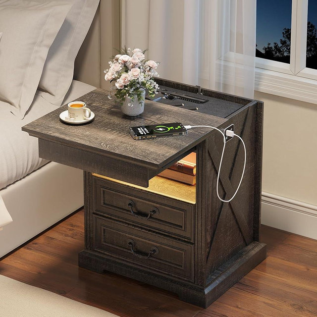 Dystler Night Stand with Gun Drawer, Bedside Table with LED Light & Human Sensor, Nightstand Gun Safe with 2 Drawers for Bedroom, Farmhouse End Table with Charger Station, Rustic Brown