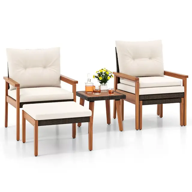 Tangkula 5 Pieces PE Rattan Patio Conversation Set Wicker Chairs with Square Coffee Table Ottomans & Soft Cushions