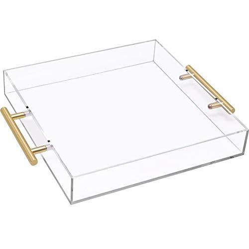 SupperAcrylic Acrylic Serving Tray with Gold Handle, Clear Large Square Breakfast Tray for Food Coffee Bread Table Kitchen(12x12 inches)