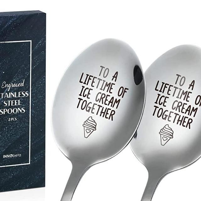 Engraved Ice Cream Spoon Gifts for Couple on Anniversary, 2 Pcs Personalized Coffee Spoon Stainless Steel, To a Lifetime of Ice Cream Together, Couple Gifts for Him and Her on Valentines Day