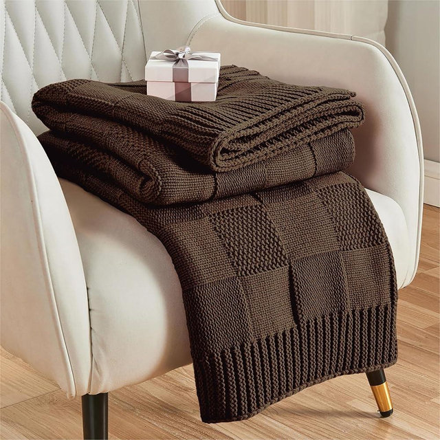 CozeCube Knit Throw Blanket, Brown Checkered Throw Blanket for Couch, Soft Cozy Warm Knitted Throw Blanket for Bed Sofa Living Room, Decorative Fall Throw Blanket 60"X80", Brown