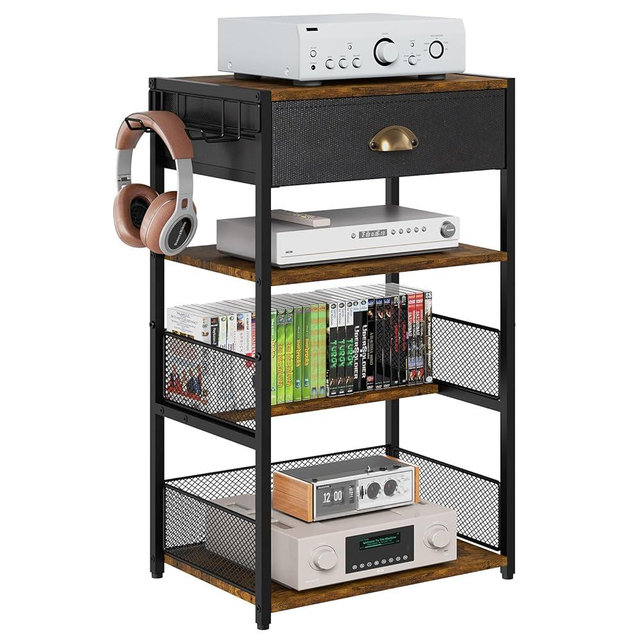Hongtamoya 4-Tier AV Media Stand with Drawer, Video Game Console Shelf with 2 Hooks, Audio Rack Tower Perfect for/Xbox/ PS5/Switch/Game Consoles/DVD Player/Projector/Sky Box/TV Accessories