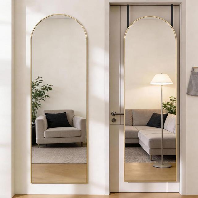 DUMOS Full Length Mirror 47x14 Inches - Arched Full Body Door Hanging Wall Mounted Aluminum Alloy Frame Mirror for Bedroom, Dressing Room, Entryway, Gold