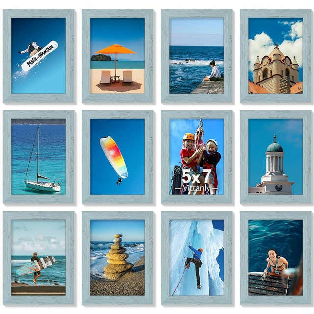Vittanly 5x7 Picture Frames Set of 12, Display 4x6 Pictures with Mat or 5x7 without Mat, Engineered Wood with Shatter Resistant Plexiglass, Wall or Tabletop Photo Frames, Rustic Blue