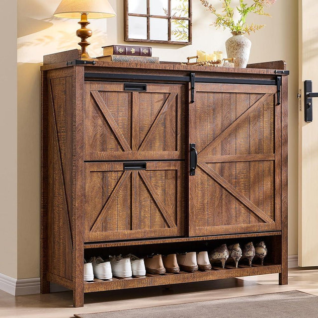 OKD Shoe Storage Cabinet with 2 Flip Drawers & Sliding Door, Farmhouse Entryway Shoe Organizer, Freestanding Rustic Hidden Shoe Rack Cabinet for Entryway, Reclaimed Barnwood