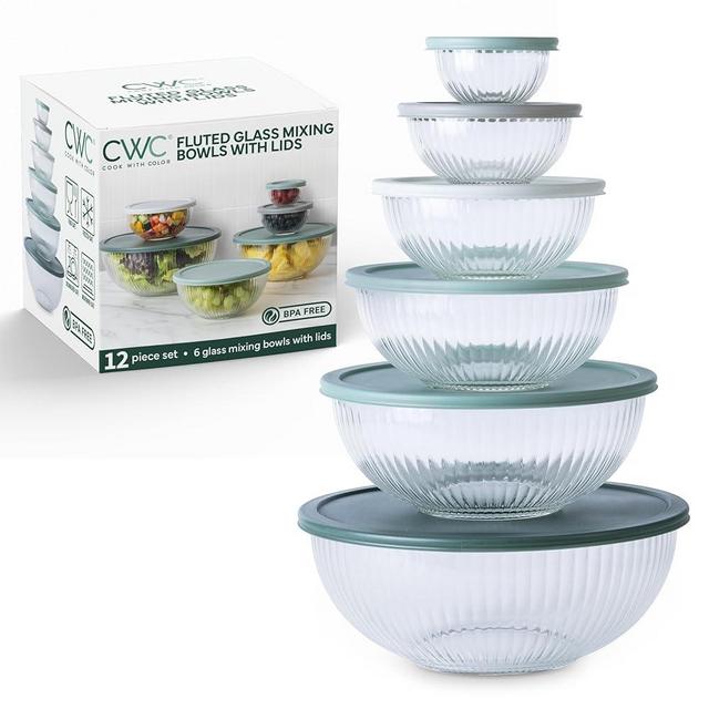 COOK WITH COLOR 12 Pc Glass Mixing Bowl Set with Lids – Borosilicate Glass Nesting Bowls for Cooking, Baking and Meal Prep, Fluted Sage