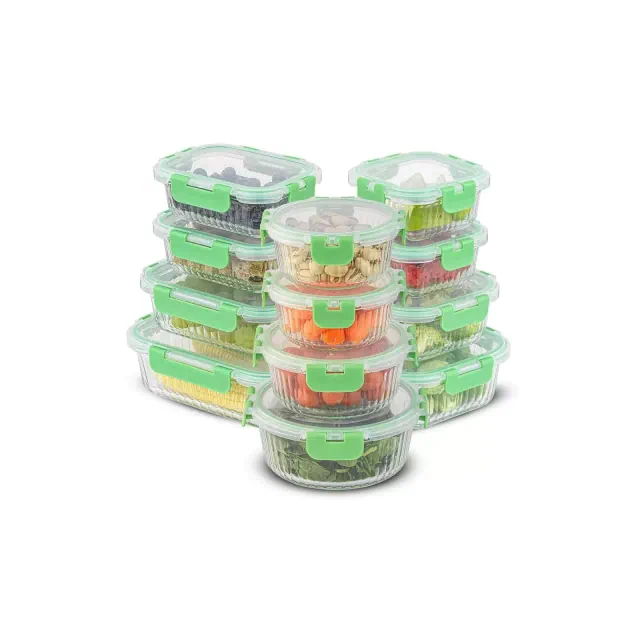 JoyJolt 24 Piece Fluted Glass Food Storage Containers with Leakproof Lids Set - Green