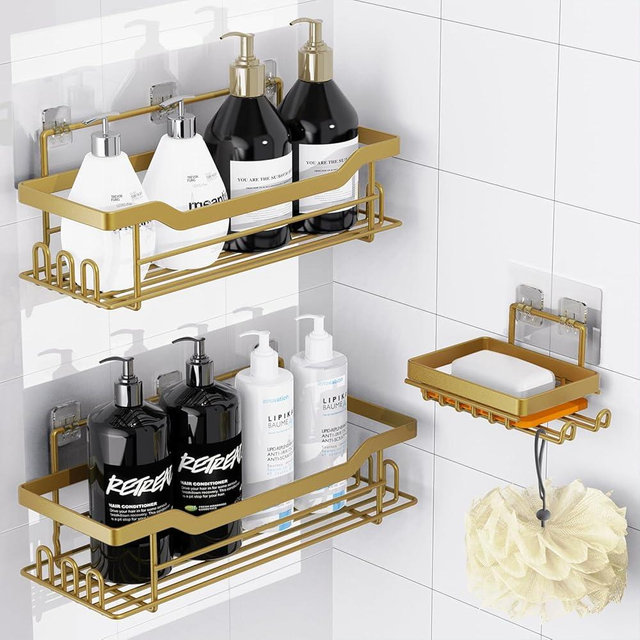 BATHDESIGN Shower Caddy Shelves Organizer Rack, 3 Pack Shower Caddy with Soap Holder, Shower Shelves for Inside Shower, No Drilling Wall Mounted Self Adhesive Shower Shelves, Matte Gold