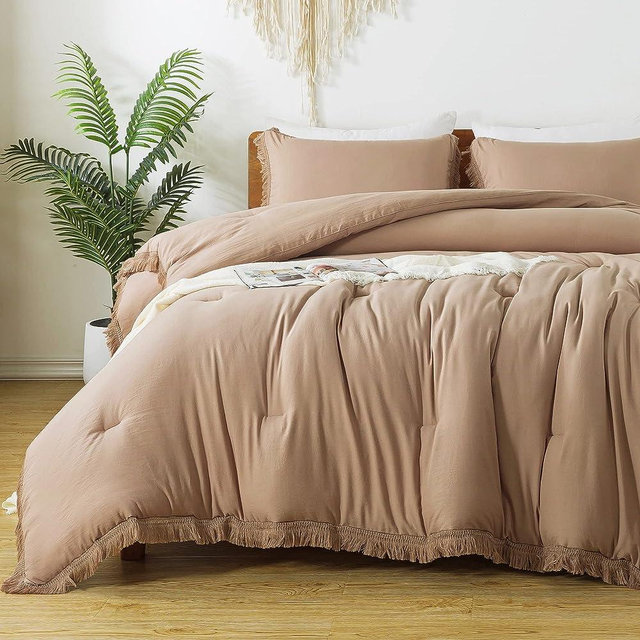 Andency Taupe Comforter Set King Size, 3 Pieces Boho Tassel Lightweight Bedding Comforter Sets for King Bed, Tan All Season Soft Fluffy Fringe Bed Set (104x90In Comforter & 2 Pillowcases)