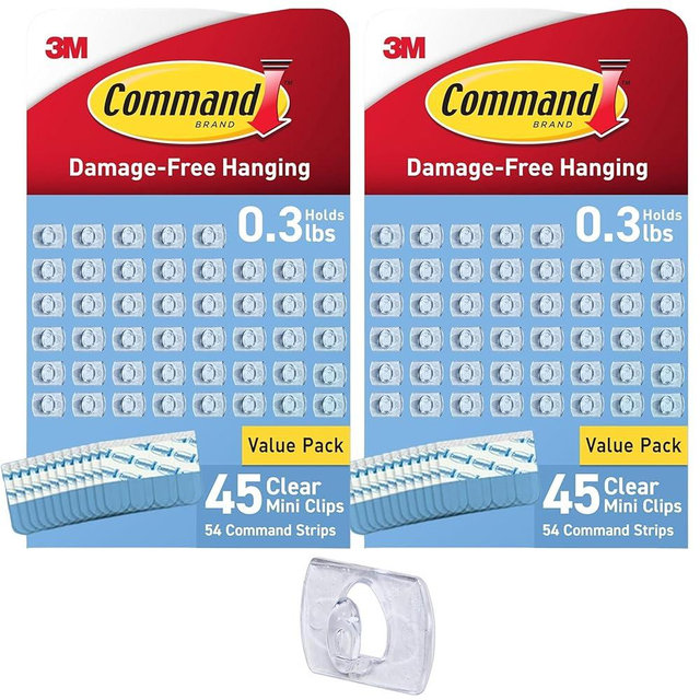 Command Indoor Mini Light Clips, Damage Free Hanging Christmas Light Clips, Mini Wall Clips for Hanging Indoor Christmas Decorations, Lights and Cables, 90 Clear Clips and 108 Strips