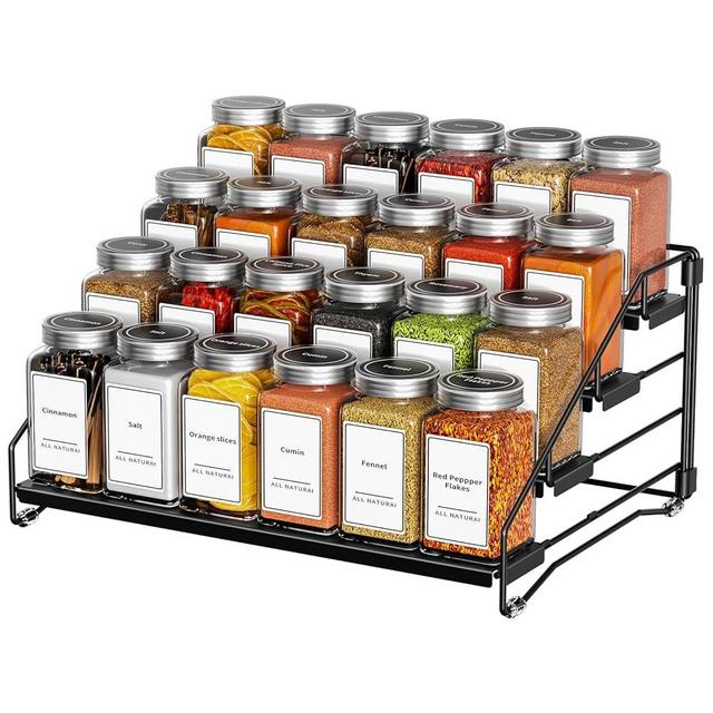 BOIVSHI 4 Tier Spice Rack for Cabinet, Spice Rack Organizer, Depth Adjustable Spice Holder for Countertop, Cupboard, Pantry, Seasoning Shelf, Metal, Black (1 Pack)