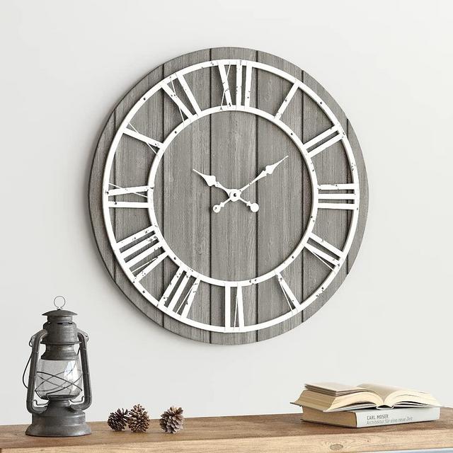 Barnyard Designs 18 inch Round Wooden Decorative Wall Clock, Farmhouse Rustic Large Wall Clock for Living Room Decor, Kitchen Clock Big Wall Clock Silent Wood Wall Clock Battery Operated, Brown-Grey