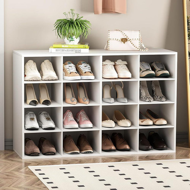 Garden 4 you Shoe Storage Bench, Cubby Shoe Rack with 16 Cubbies, 4-Tier Wood Shoe Rack Organizer, Shoe Organizer Cabinet for Entryway, Hallway, Closet and Garage, White