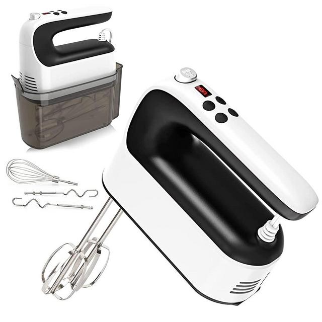 Yomelo 9-Speed Digital Hand Mixer Electric, 400W Powerful DC Motor, Baking Mixer Handheld with Snap-On Storage Case, Touch Button, Turbo Boost, 5 Stainless Steel Accessories, Flat Beaters, Dough Hooks, Whisk (White & Black)