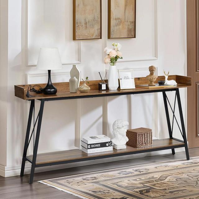 Karl home 70" Industrial Console Table with Outlets, Farmhouse Sofa Table Behind Couch with Storage Shelf, Extra Long Narrow Entryway Table for Living Room Entryway Porch Foyer Hallway, Rustic Brown