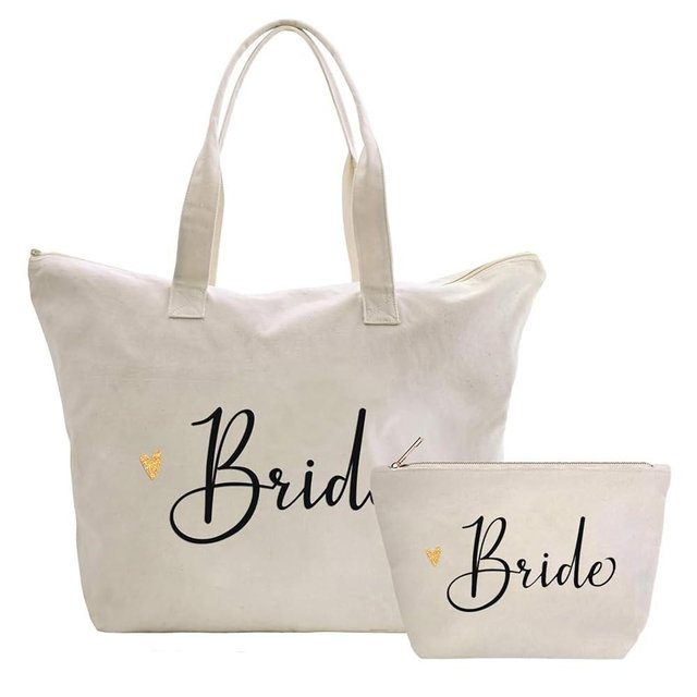 CARAKNOTS Bride Bag Bride Gifts for Wedding Bridal Shower Engagement Party Accessories Bachelorette Gifts Cotton Beach Canvas Tote Shoulder Bag with Zip and Pocket 2 Pcs