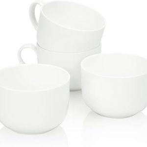 Fine Bone China Mugs with Handles Set of 4, Soup Mugs with Handles, 25 Oz Simplicity White Large Soup Mugs, Ceramic Bowls for Ice Cream, Oatmeal, Fruit, Yogurt, DIY Gift, Snack Bowls
