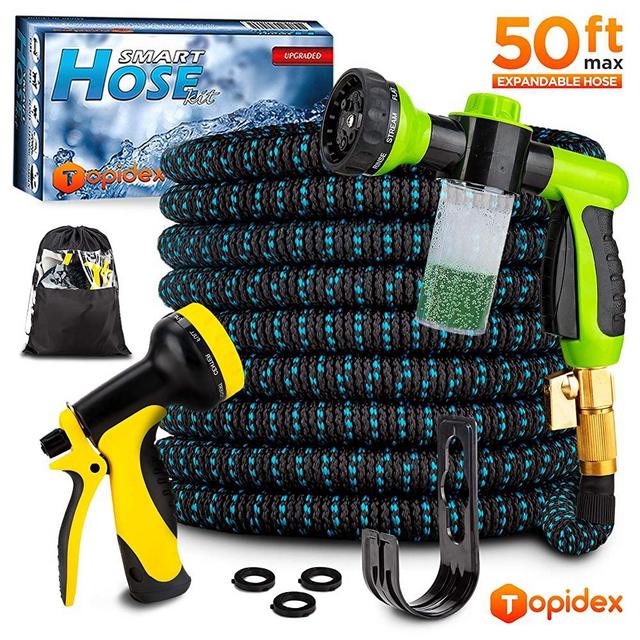 TOPIDEX Car Wash Kit, Expandable Garden Hose 50 FT - with High Pressure Spray Nozzle - Soap Dispensing Sprayer Gun - 9 Spray + 3 Foam Spraying Patterns with Storage Bag, Hanger & 3 Extra Washers