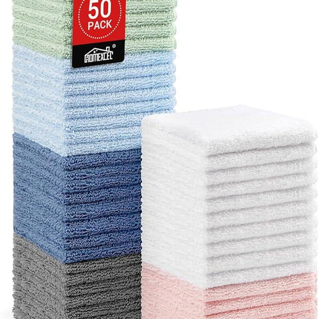 HOMEXCEL Microfiber Washcloths 50 Pack, Highly Absorbent and Soft Face Towel, Multi-Purpose Wash Cloths for Bathroom, Hotel, Spa, Gym, and Kitchen, 12x12 Inch