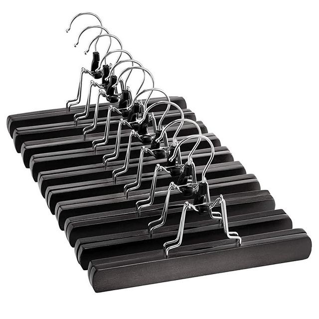 High-Grade Wooden Pants Hangers with Clips Non Slip Skirt Hangers, Smooth Finish Solid Wood Jeans/Slack Hanger with 360° Swivel Hook - Pants Clip Hangers for Skirts, Slacks - Clamp Hangers (Black)
